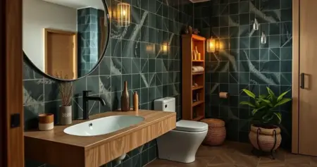 banheiro com detalhes em madeira