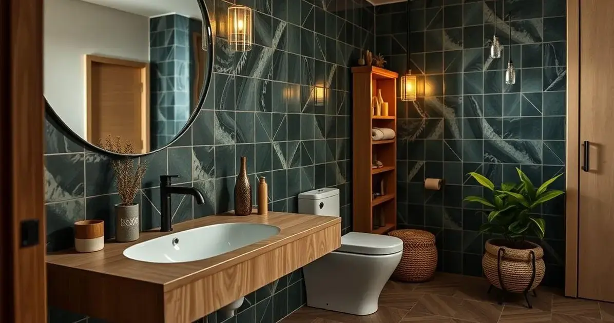 banheiro com detalhes em madeira