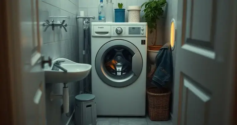 banheiro pequeno com máquina de lavar