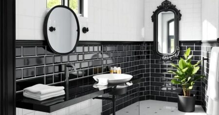 decoração de banheiro preto e branco