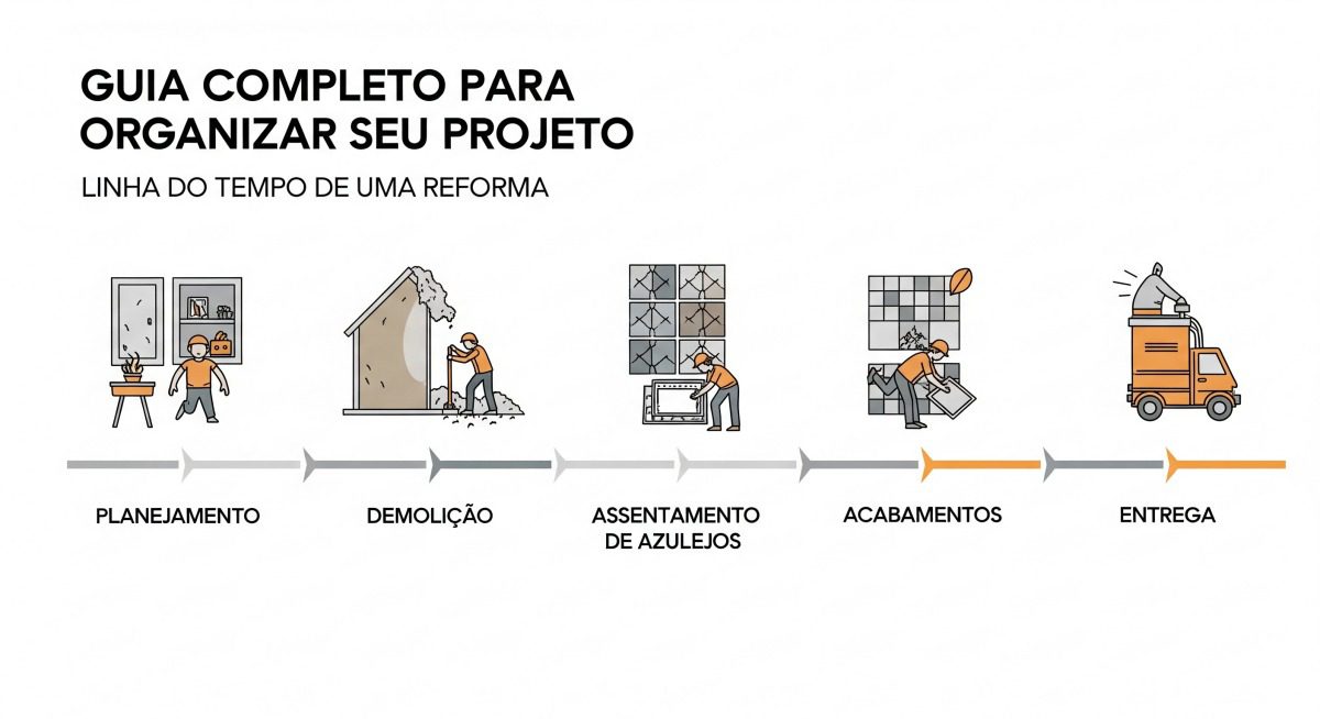 Cronograma visual de reforma: Planejamento, Demolição, Revestimentos, Acabamentos e Entrega. Guia completo para organizar sua obra.