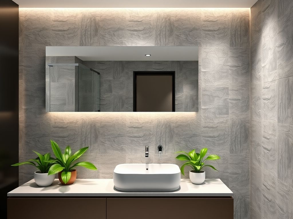 Banheiro moderno com revestimento 3D de porcelanato cinza imitando pedra