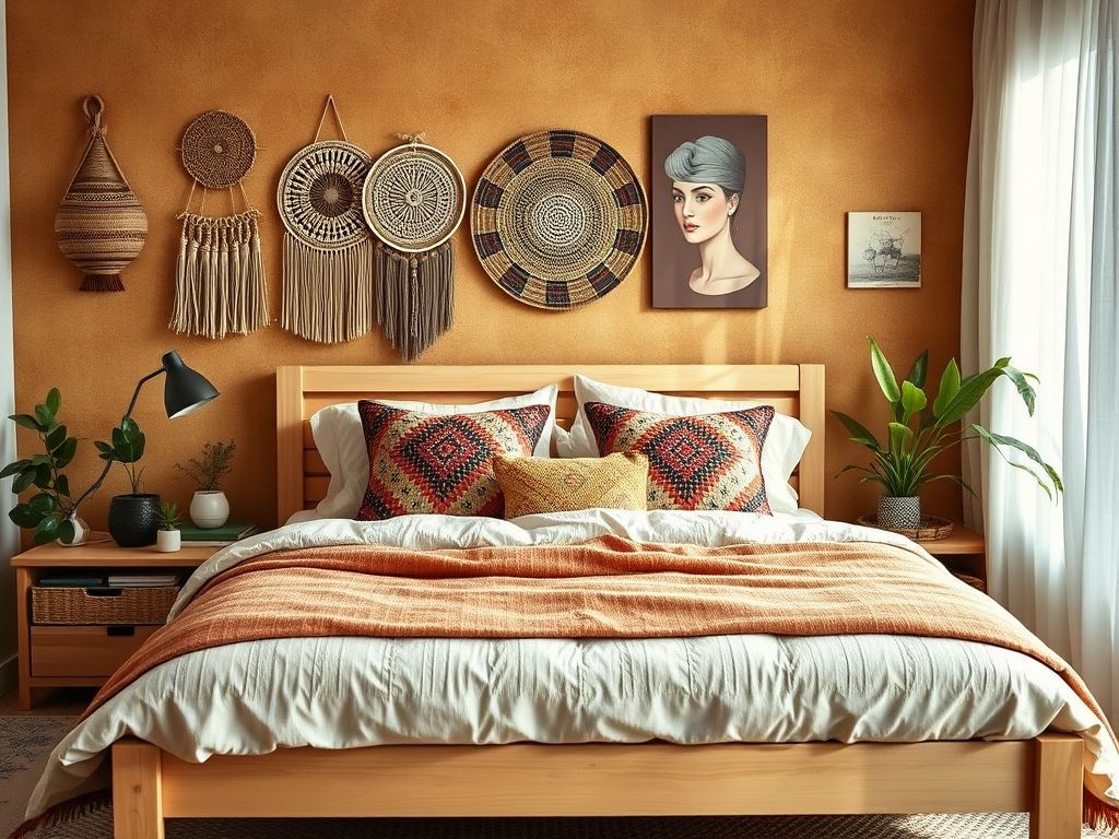 Quarto de casal decoração boho chique, cama de madeira, macramê, tons terrosos, aconchegante. #quartoboho #decoraçãoboho #estiloboho