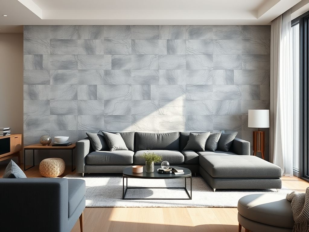 Sala de estar moderna com parede de revestimento cimentício 3D cinza claro, sofá cinza escuro e decoração aconchegante. Revestimento cimentício para sala de estar.