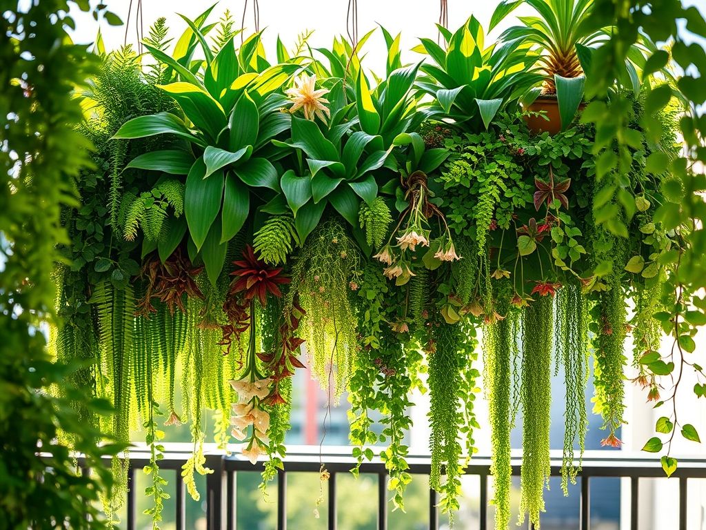 Jardim suspenso em varanda com cestas de vime, samambaias e jiboias. Ideias criativas para decoração com plantas.