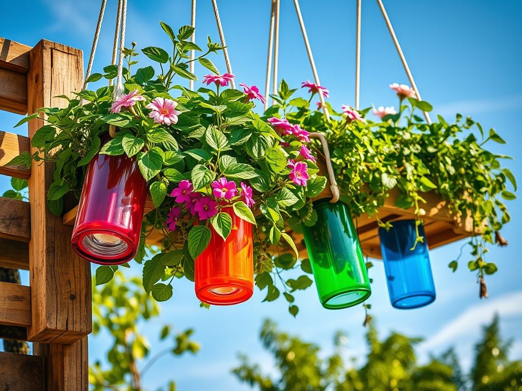 Jardim suspenso com materiais reciclados: garrafas PET e pallets. Decoração sustentável e criativa para sua casa.