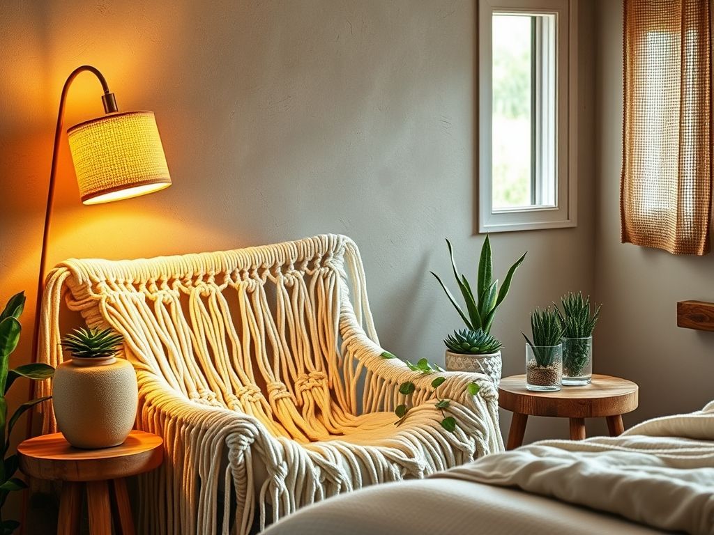 Poltrona macramê quarto boho, luminária chão, suculentas, espelho madeira, 'Cantinho Zen', decoração relaxante. #poltronamacrame #decoraçãoboho #cantinhozen