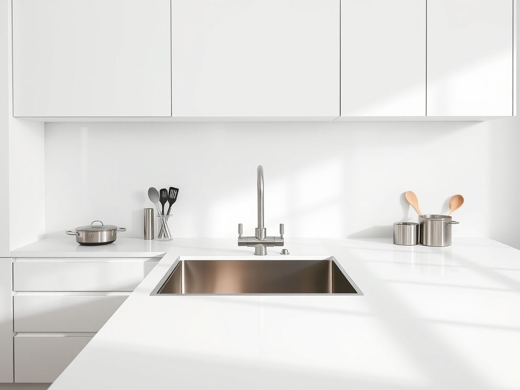 Cozinha moderna com bancada e backsplash em cimentício branco liso, armários brancos e pia de aço inoxidável. Revestimento cimentício para cozinha.
