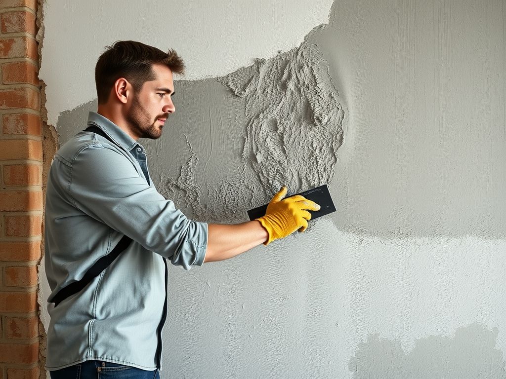 Homem instalando revestimento cimentício em uma parede com argamassa e niveladores. Instalação de revestimento cimentício passo a passo.