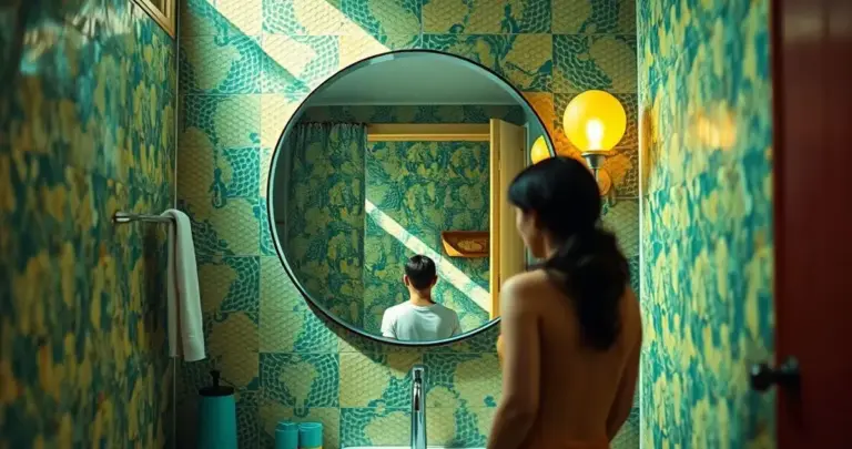 decoração de banheiro com espelho redondo