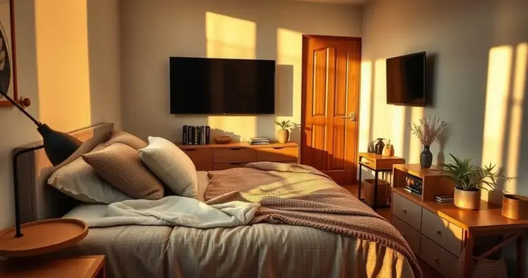 decoração de quarto pequeno de casal com tv