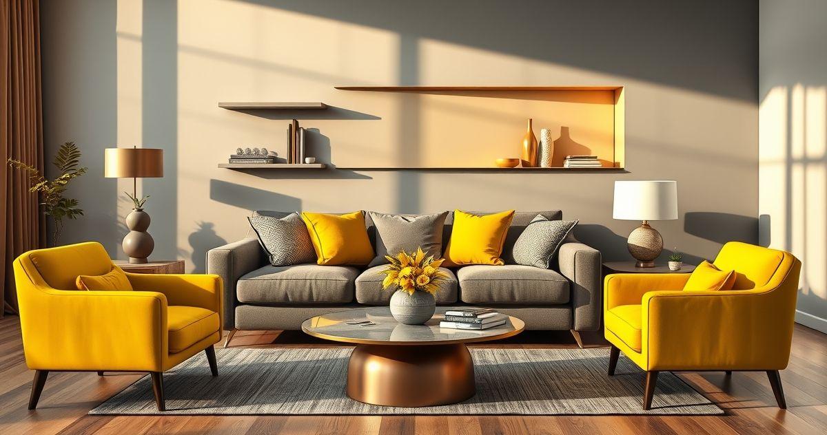 decoração de sala cinza e amarelo