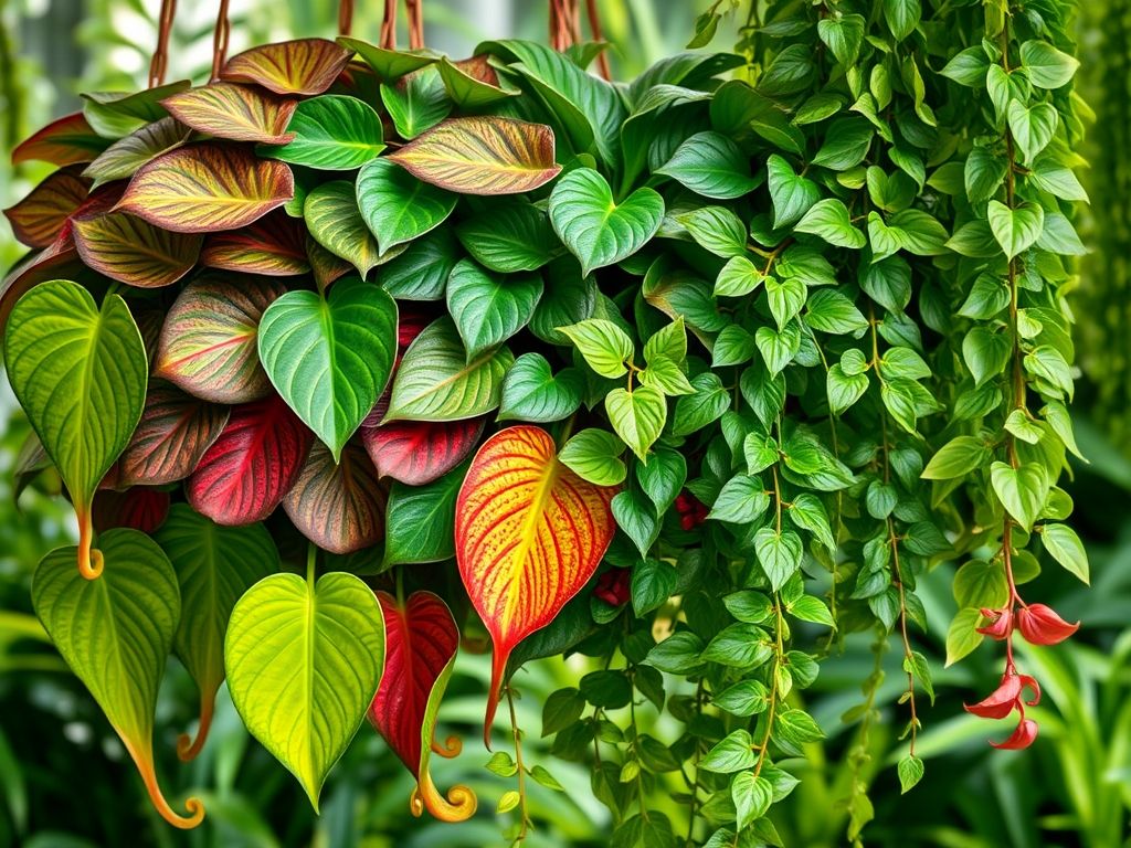 Plantas de folhagem pendentes para jardim suspenso: peperômia, zamioculca e singônio. Ideias de plantas para um toque sofisticado.