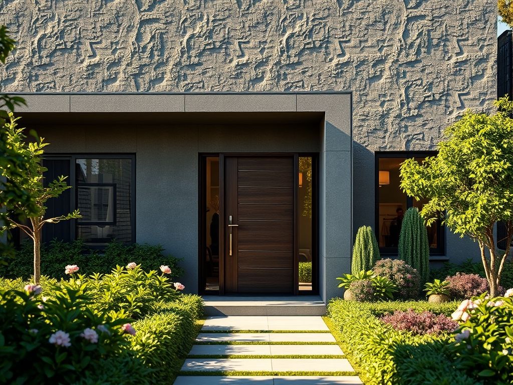 Fachada de casa com revestimento 3D de cimento queimado e jardim
