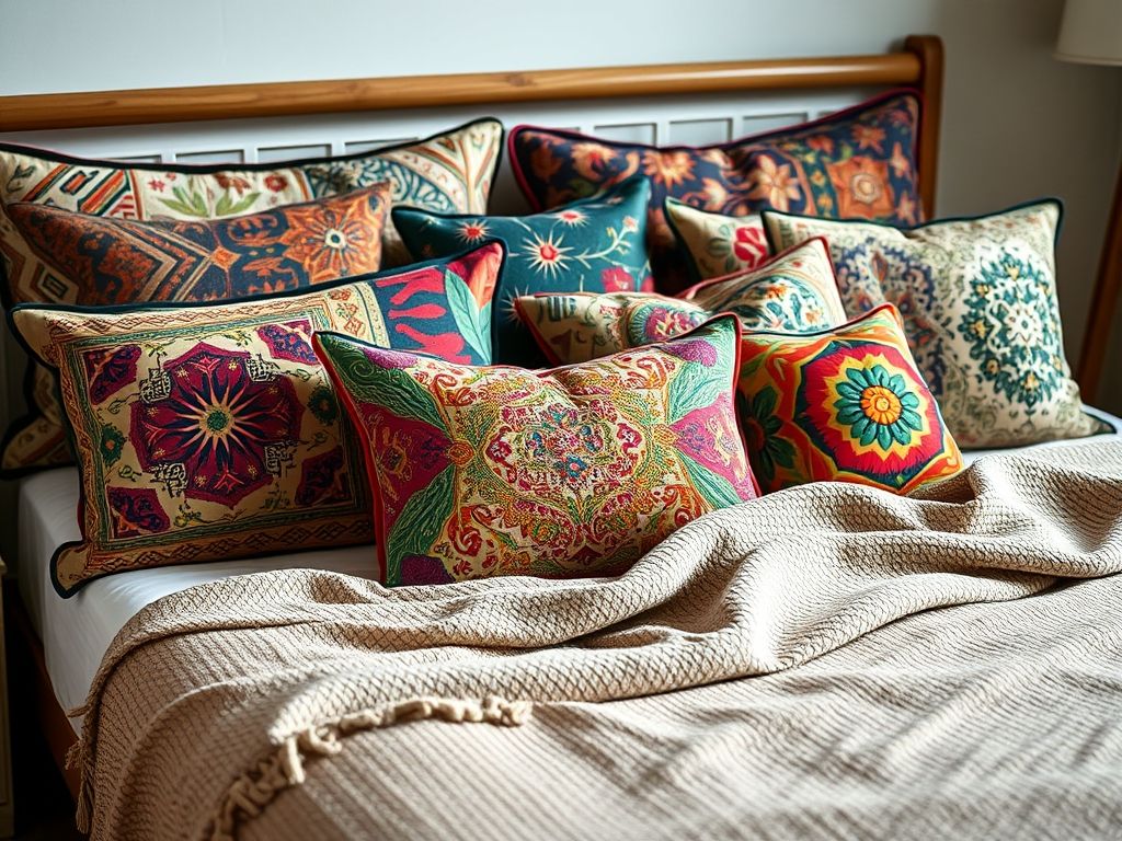 Almofadas estampadas quarto boho, estampas étnicas, florais, geométricas, manta de tricô, 'Viva Simples'. #almofadasboho #estampasboho #camabobo