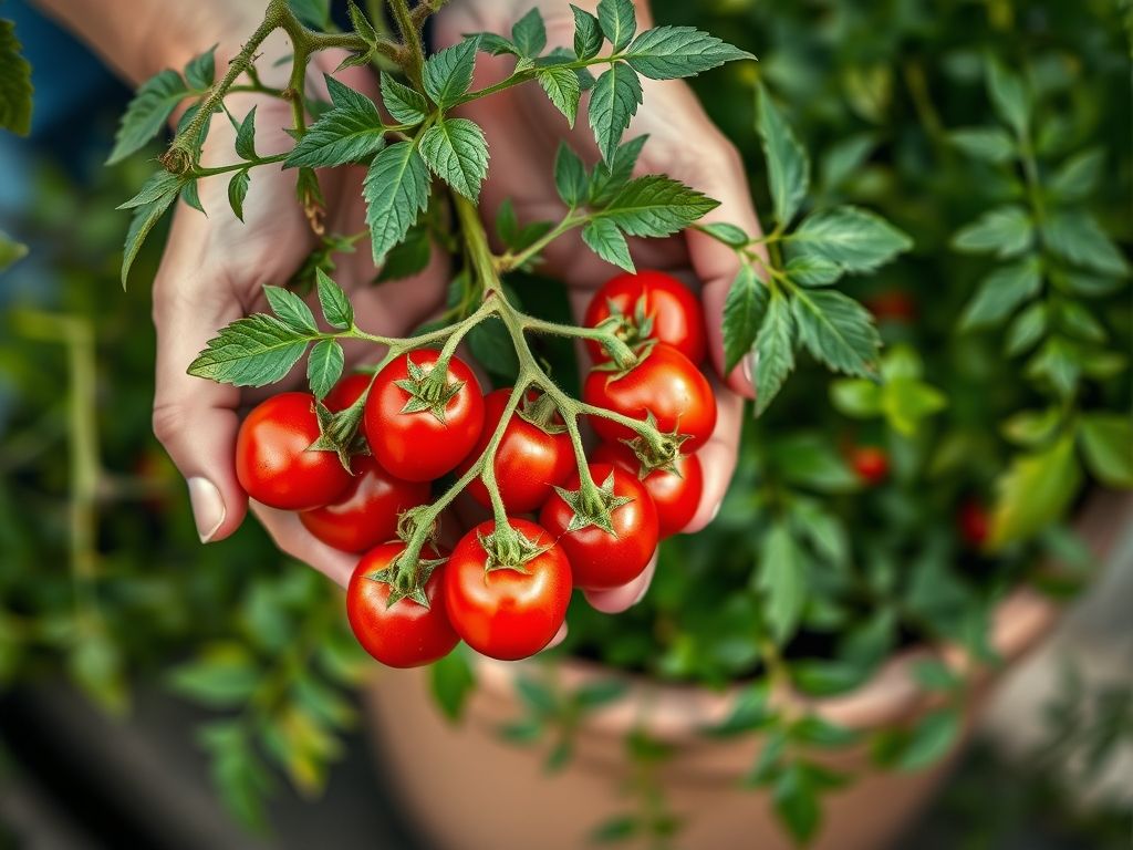 Colhendo tomate cereja em vaso: Tomates frescos e saborosos em casa.
