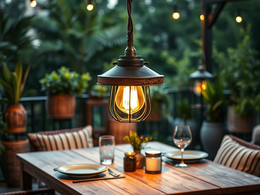 Iluminação rústica para varanda gourmet: luminária pendente de madeira e metal com luz quente. Ambiente acolhedor e convidativo.