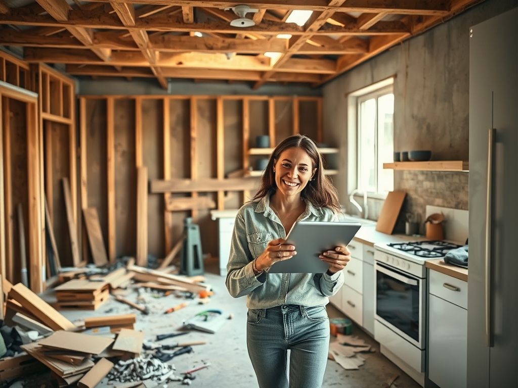 Mulher planejando reforma de cozinha com tablet, visualizando planta baixa em português. Dicas para evitar atrasos e estresse na reforma da cozinha.