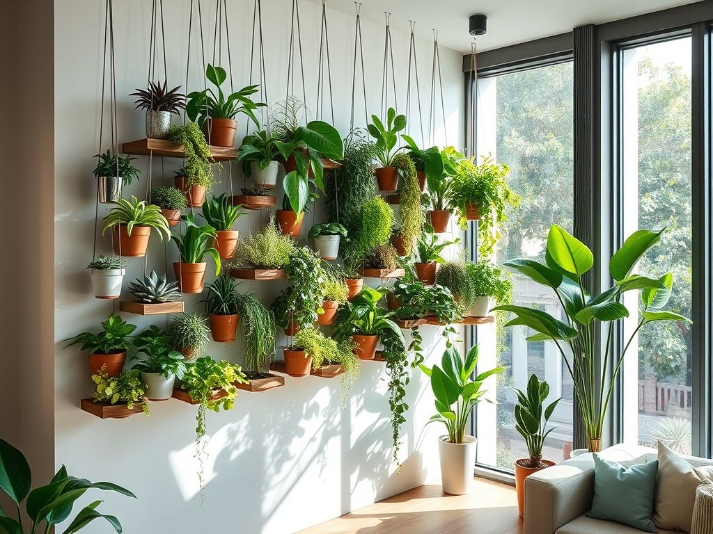 Jardim vertical suspenso em apartamento pequeno. Decoração com plantas para otimizar espaços e trazer mais verde.