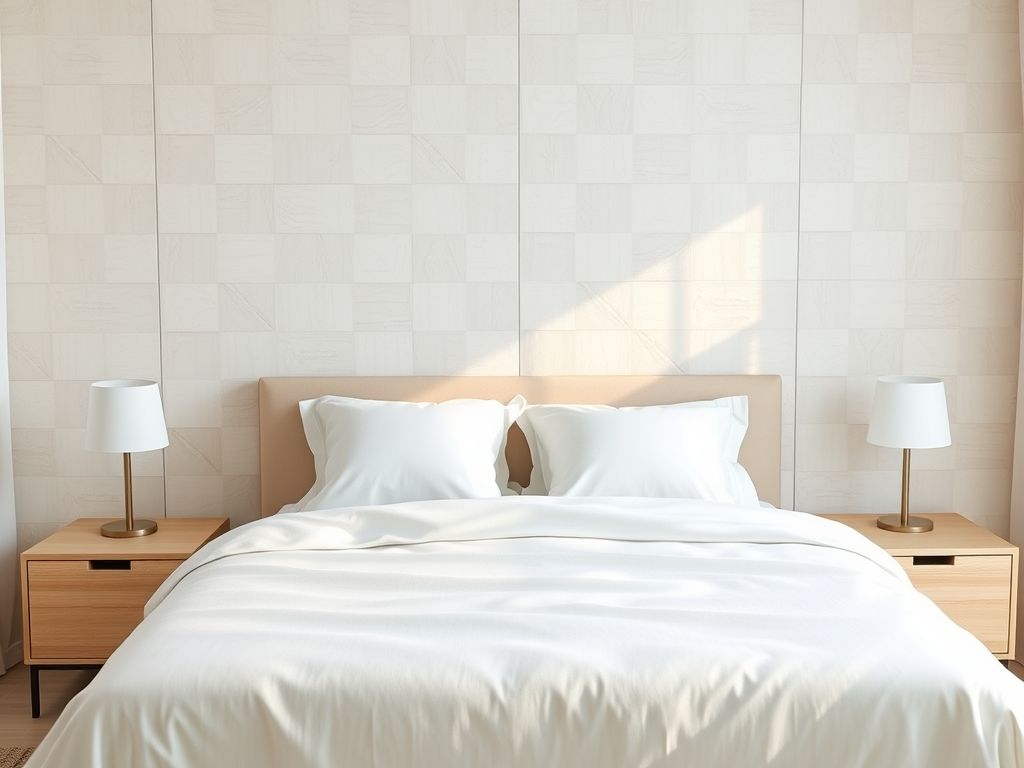 Quarto moderno com cabeceira em cimentício pastel e cama com roupa de cama branca. Revestimento cimentício para quarto.