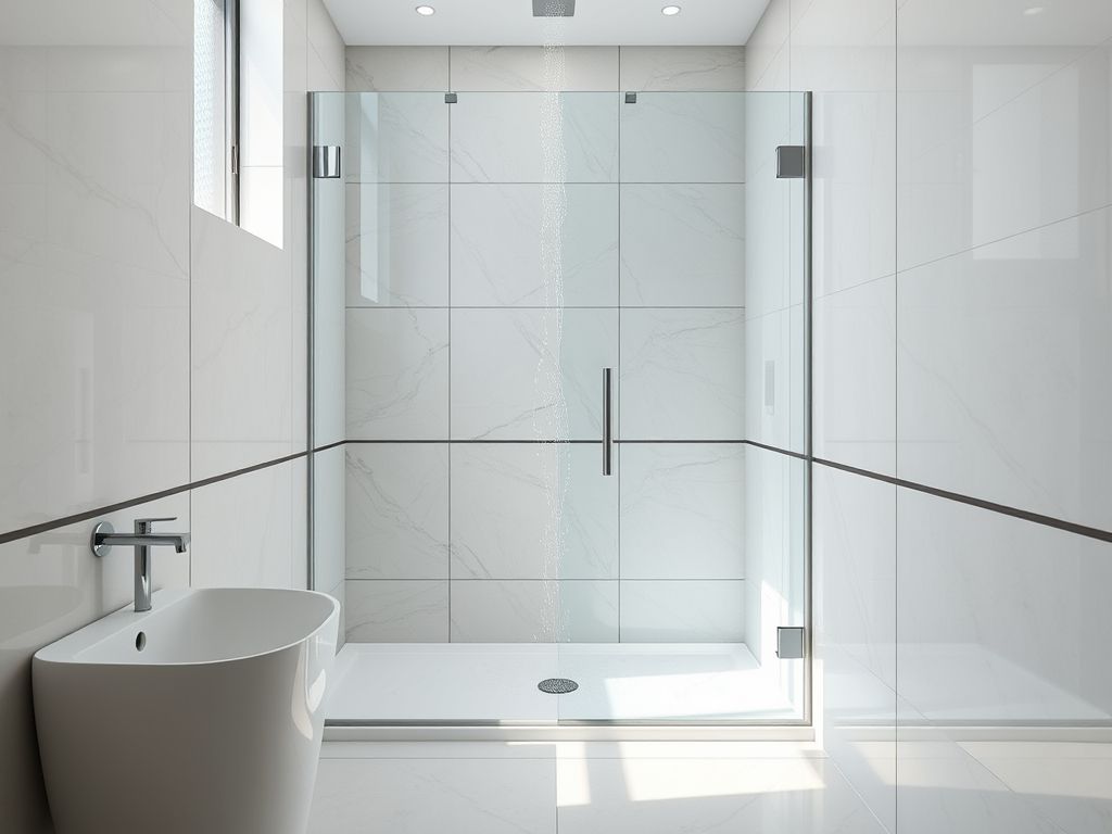 Banheiro com rejunte epóxi escuro e azulejos claros: solução impermeável e moderna para áreas úmidas.