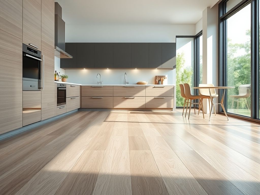 Piso flutuante vinílico na cozinha, resistente à água e fácil de limpar