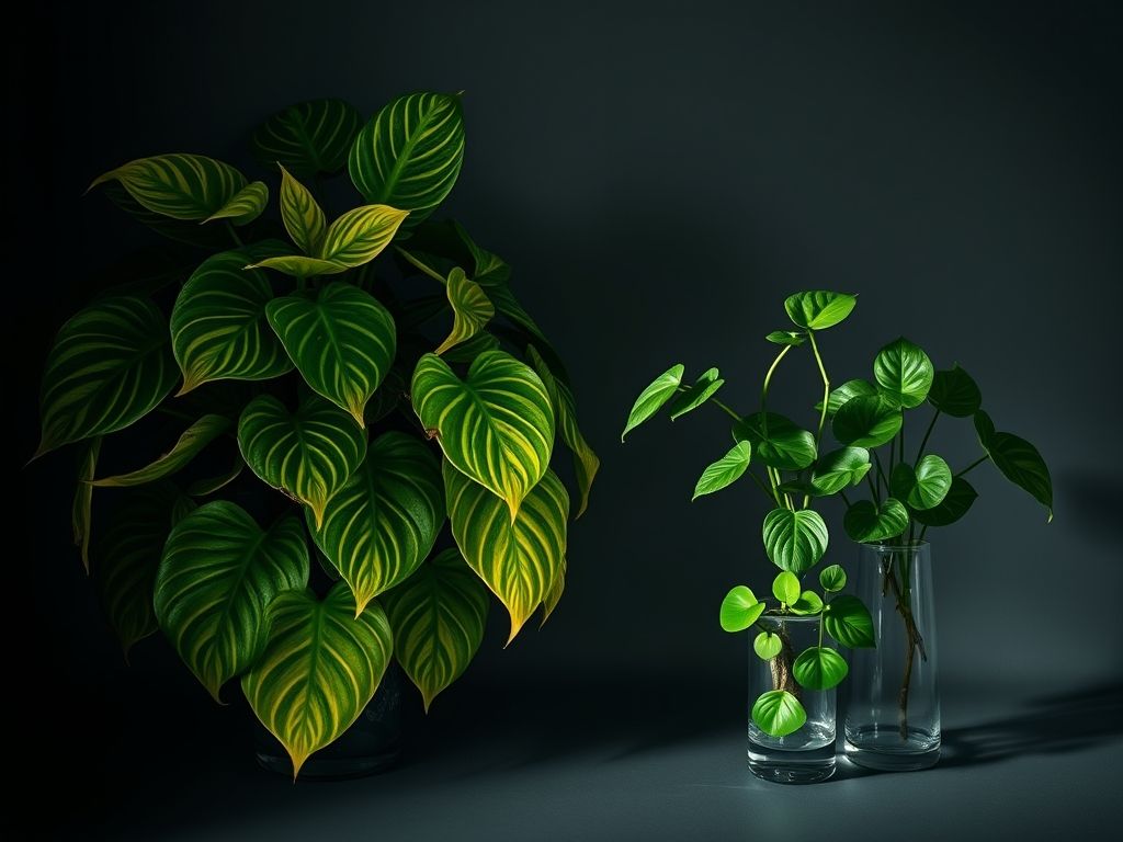 Folhas grandes vs. folhas pequenas para jardim de inverno: Costela-de-adão e Peperômia em ambientes com pouca luz.