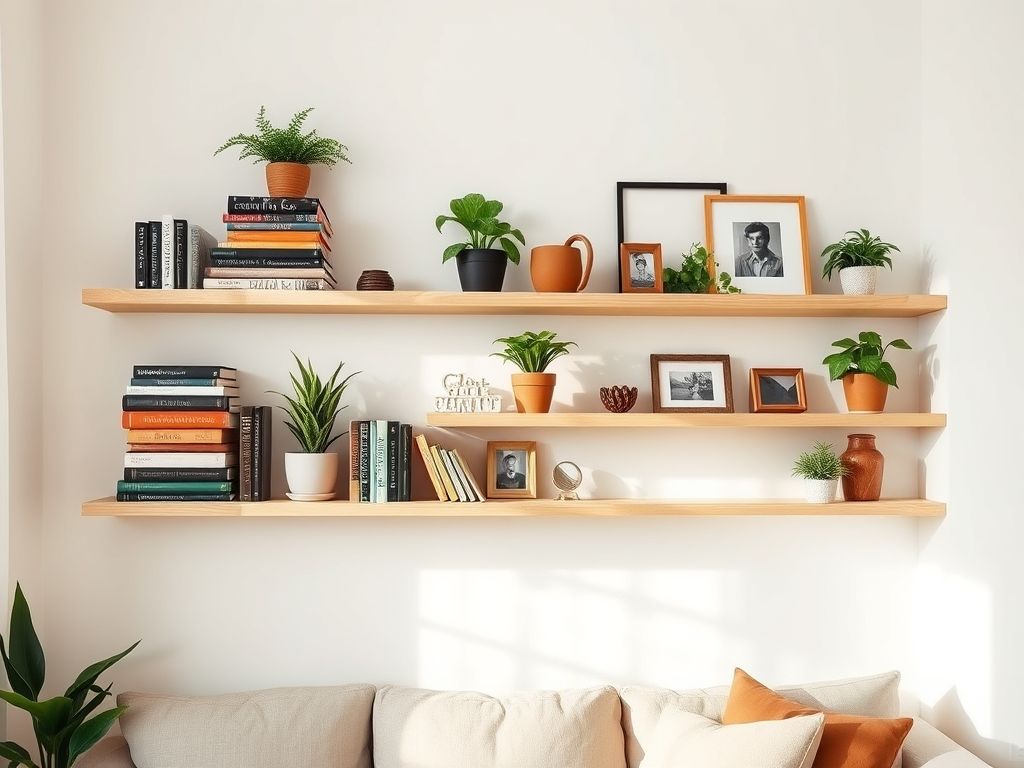 Prateleiras flutuantes Multivisão para organizar e decorar sala de estar pequena, otimizando o espaço vertical.
