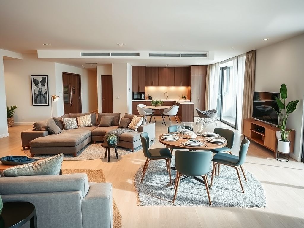 Sala de estar e jantar integradas com móveis multifuncionais. Dicas para otimizar espaços e criar ambientes multifuncionais.