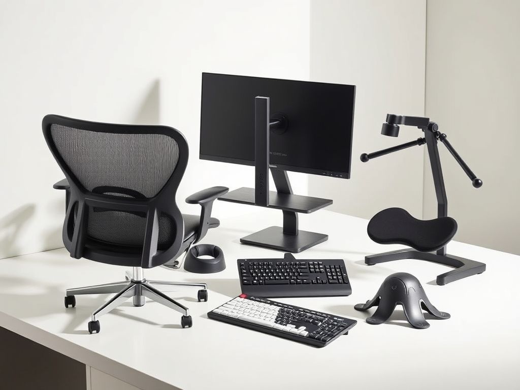Melhores produtos ergonômicos para home office: cadeira Herman Miller, suporte Ergotron, teclado Logitech e apoio Fellowes. Invista no seu bem-estar no trabalho.