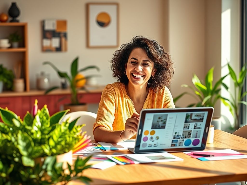 Mulher planejando reforma da casa com amostras de cores e ideias de design