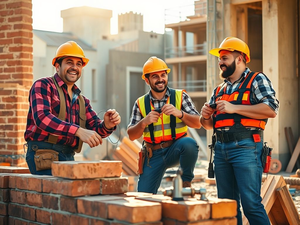 Profissionais da construção trabalhando em equipe na reforma