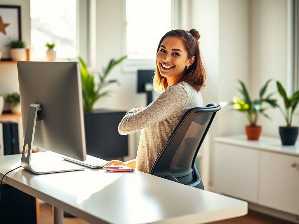 Mulher trabalhando confortavelmente em home office ergonômico, sem dores. Melhore sua postura e produtividade com ergonomia no trabalho.