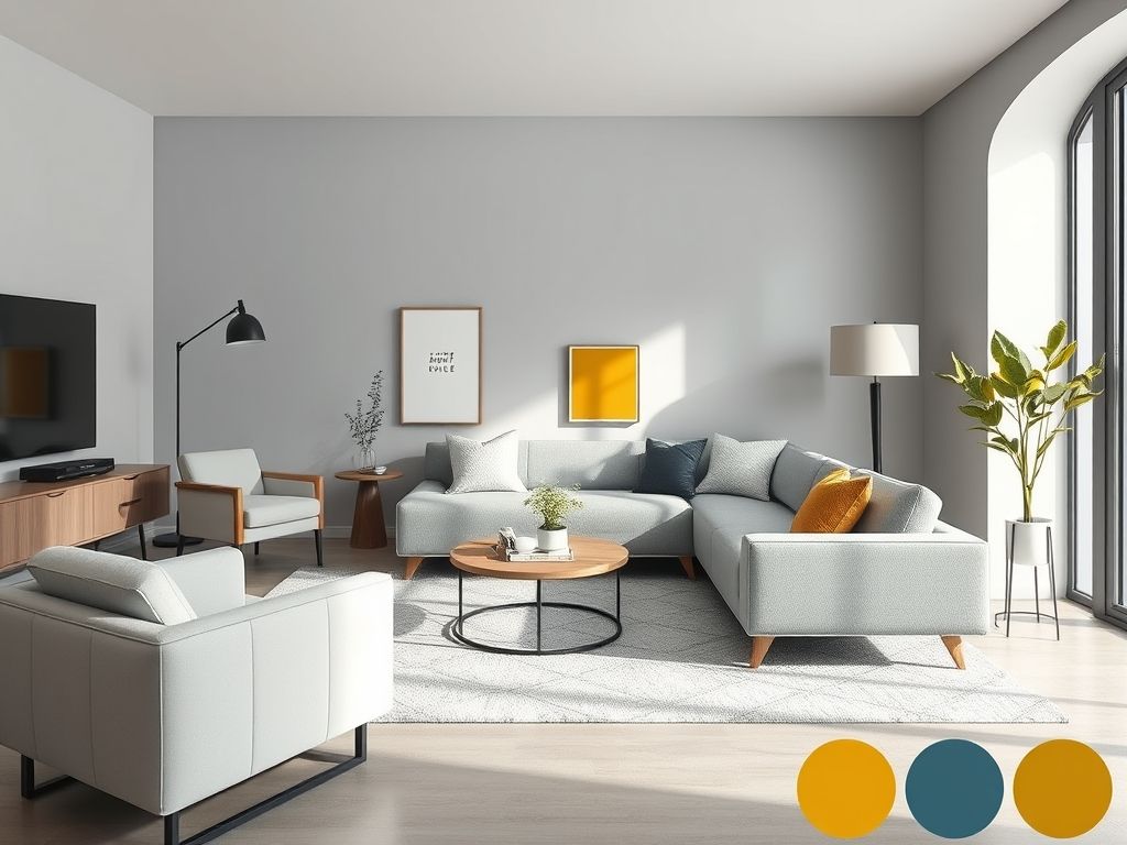 Paleta de cores para decoração de interiores: azul pastel, cinza claro, branco e amarelo mostarda. Ideias para combinar cores na sua casa.