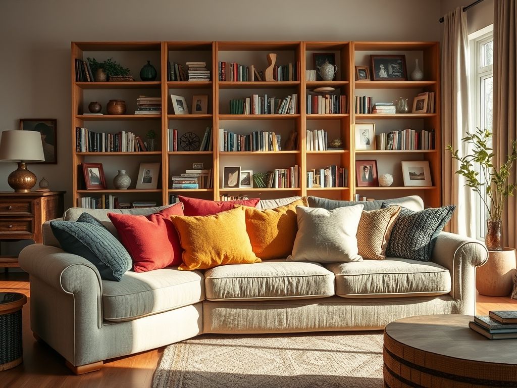 Sala de estar decorada com sofá confortável, estante com livros e plantas. Dicas de decoração para um lar aconchegante.