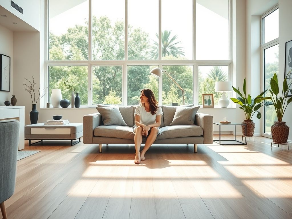 Sala de estar com piso flutuante de madeira clara recém-instalado, reforma fácil e sem sujeira