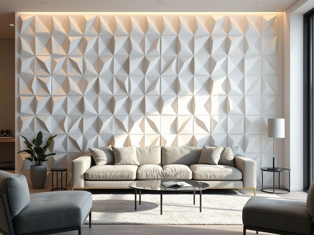 Sala de estar com revestimento 3D geométrico branco, sofá cinza e decoração moderna