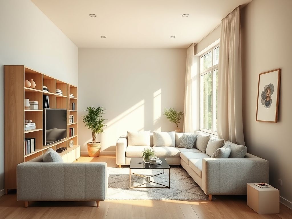 Sala de estar pequena decorada com sofá modular, estante vertical e mesa de centro redonda. Destaque para a luz natural e o estilo moderno.