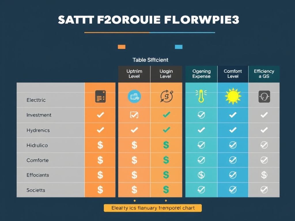 Tabela comparativa: piso aquecido elétrico, hidráulico e a gás. Compare custos, conforto e eficiência.
