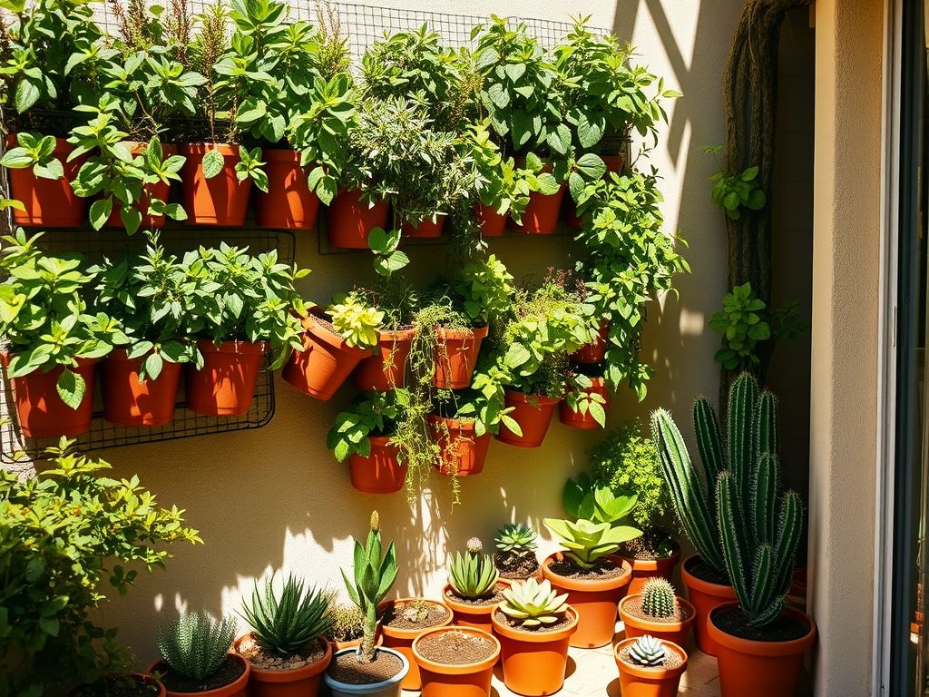 Jardim vertical em varanda pequena com ervas aromáticas e suculentas. Ideias para cultivar plantas em espaços reduzidos.