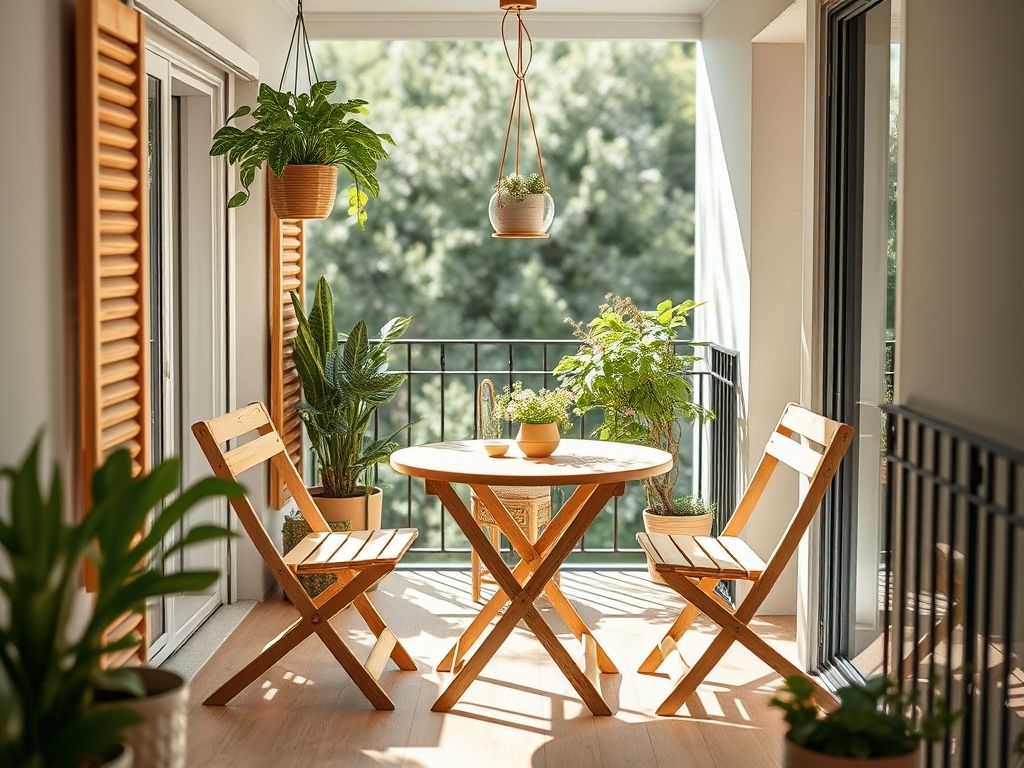 Varanda pequena decorada com móveis dobráveis e plantas suspensas para otimizar o espaço. Dicas de decoração para varandas compactas.