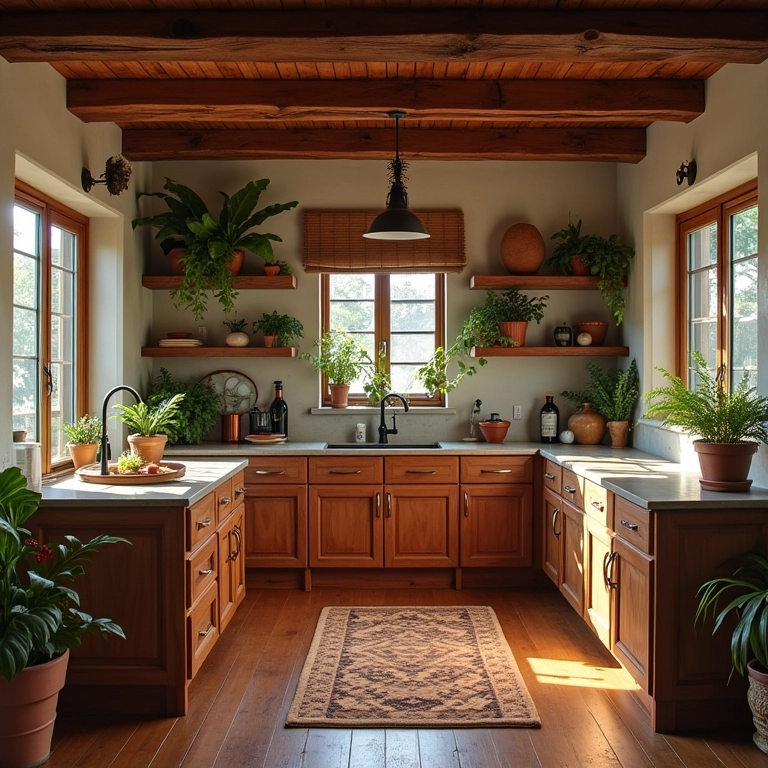 Armário de cozinha planejado rústico de madeira com iluminação natural.