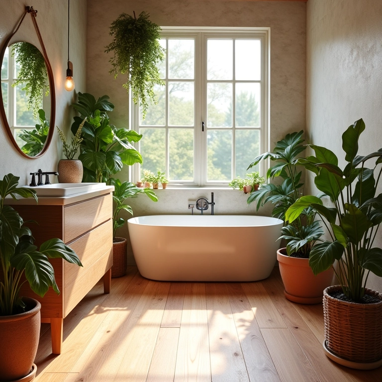 Banheiro aconchegante com piso que imita madeira, iluminação natural e plantas.