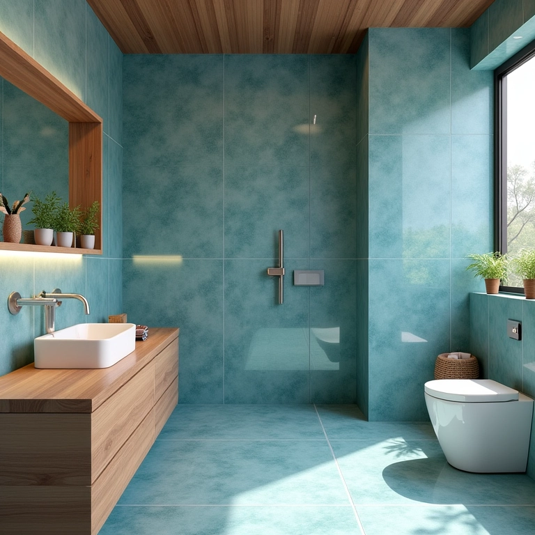 Banheiro com azulejos azuis e detalhes em madeira, iluminação natural.