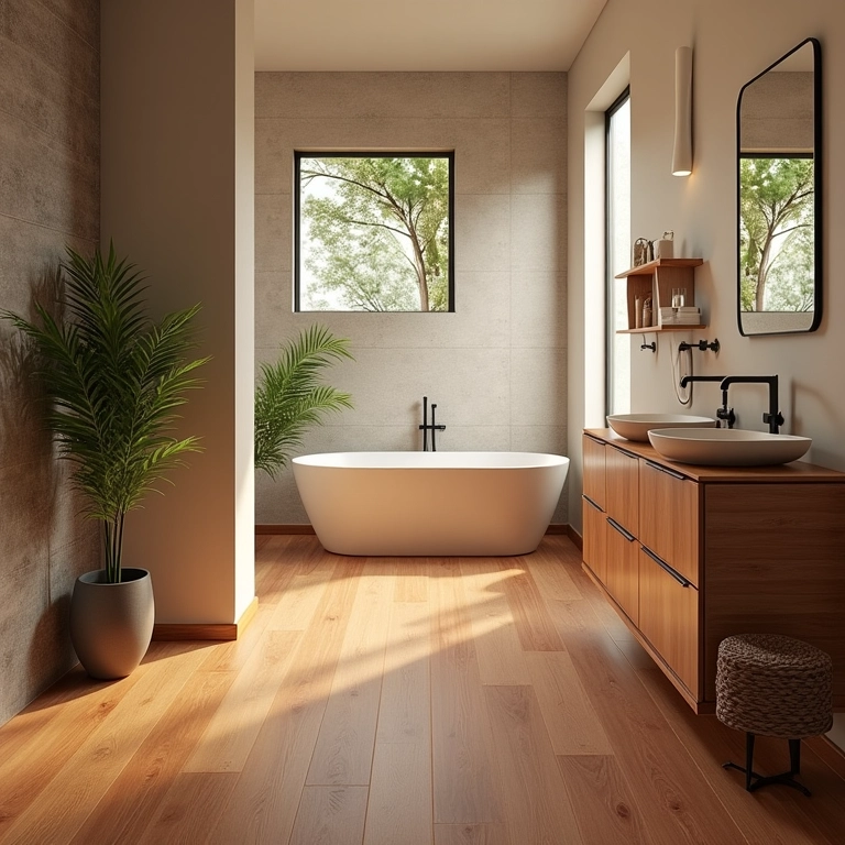 Banheiro com piso vinílico aconchegante que imita madeira.