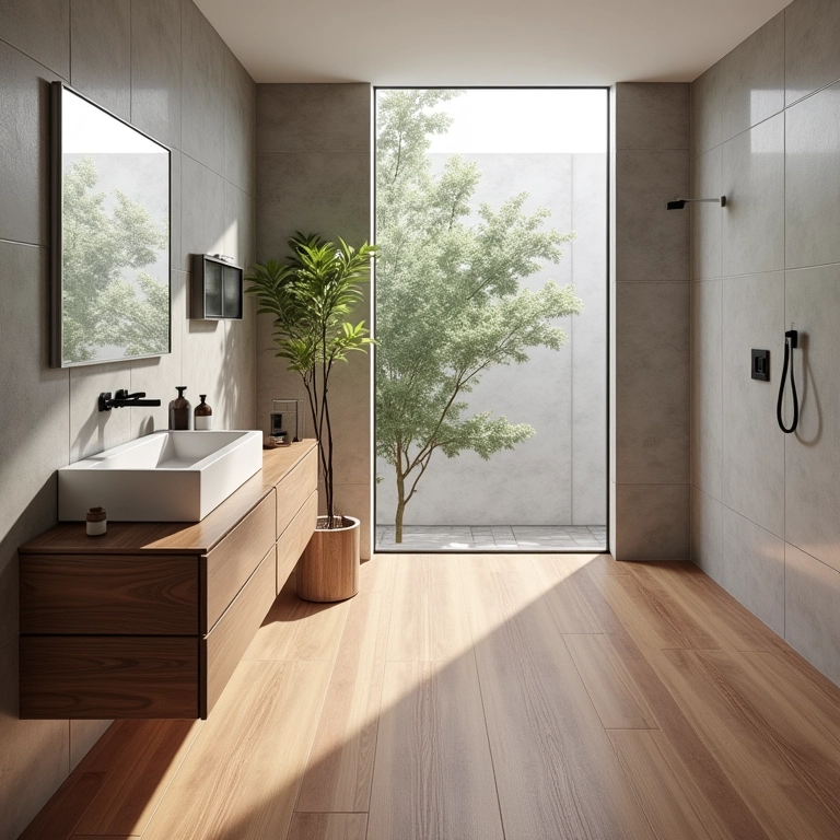 Banheiro com porcelanato durável que imita madeira.