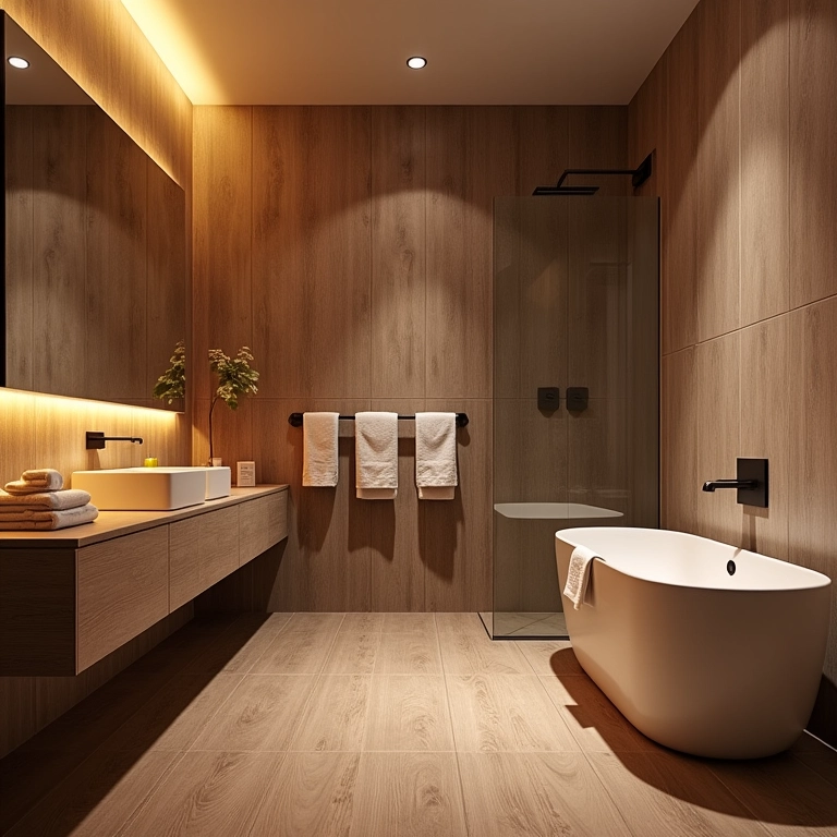 Banheiro estiloso com piso amadeirado e toalhas decorativas.