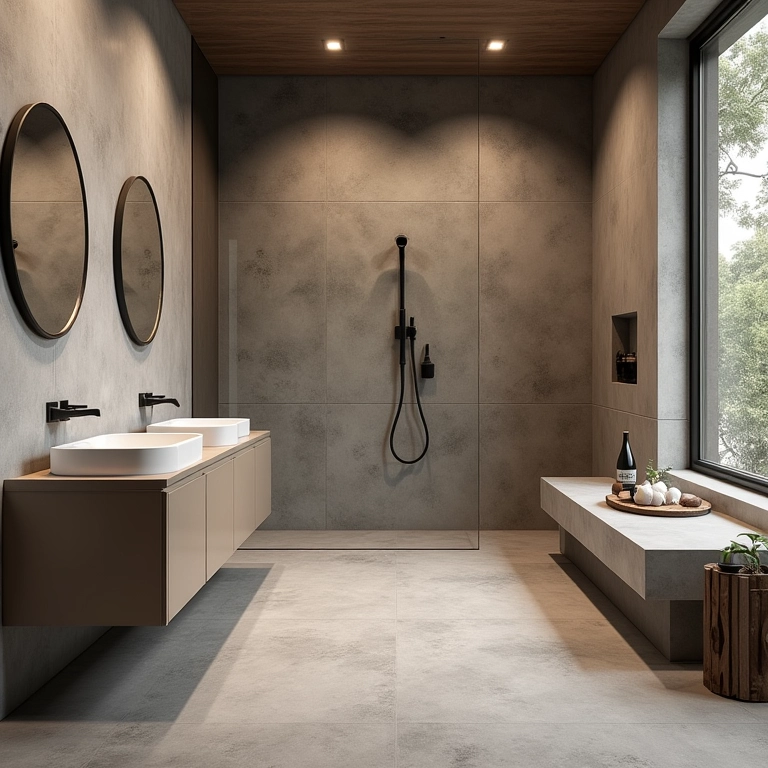 Banheiro moderno com cimento queimado e decoração minimalista.