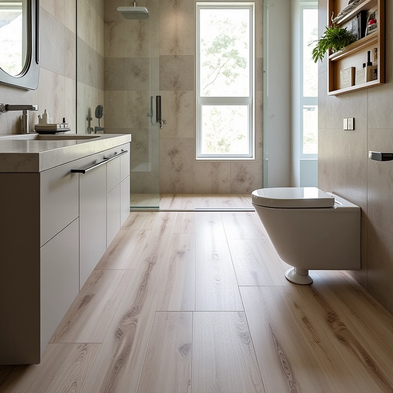 Banheiro seguro com piso antiderrapante que imita madeira e barra de apoio discreta.