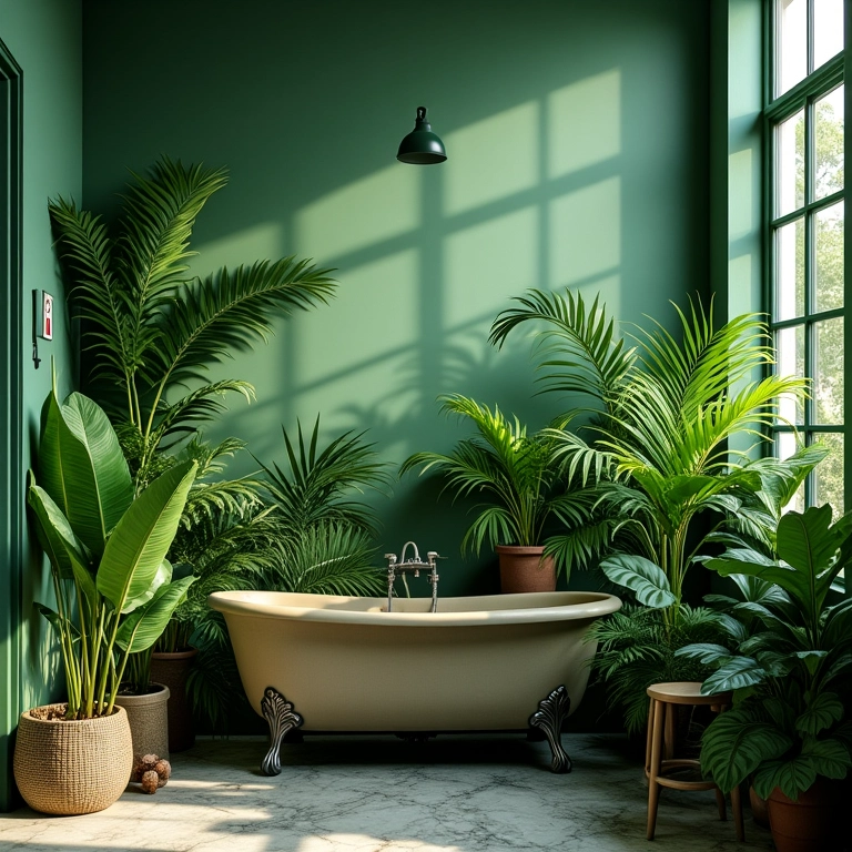 Banheiro verde e exuberante com diversas plantas que amam umidade.